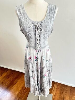 Advance Apparels Gray Floral Lace-Up Handkerchief Midi Dress Plus Size Boho